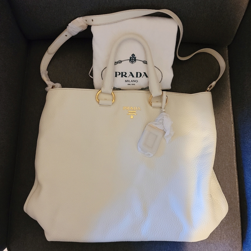 PRADA BN1713 Vitello Daino Tote - Bianco/White